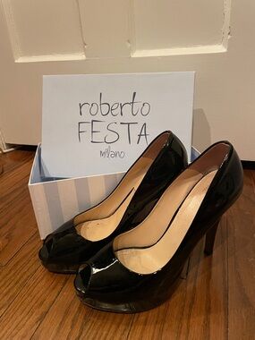 Roberto Festa Milano Black Patent Leather Peep-Toe Pumps *see description!!!
